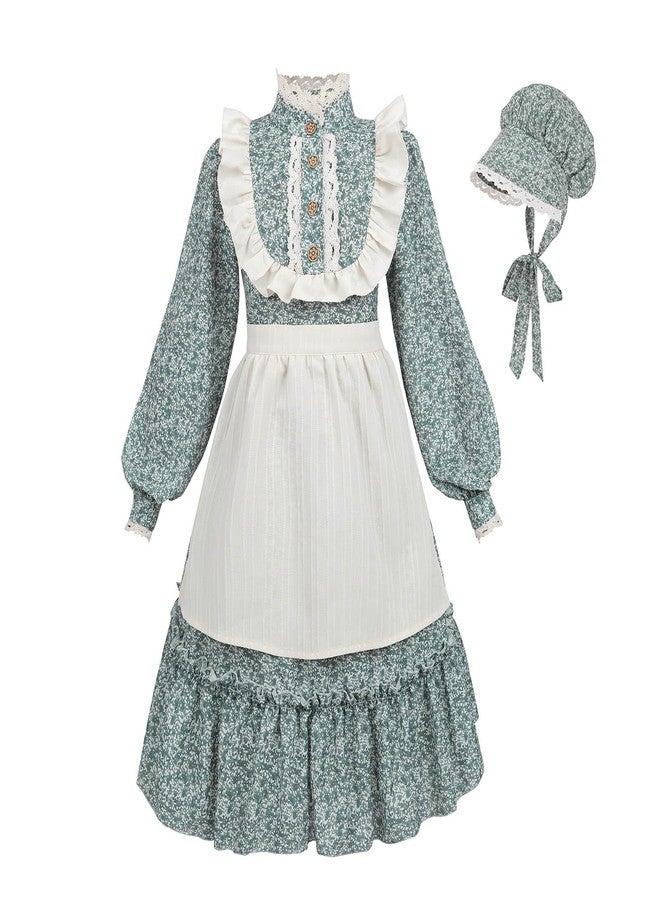 Nuoqi Prairie Dress Girls Colonial Pioneer Costume 1800s Victorian Dress for Girls 8-9, Blue - Image 1